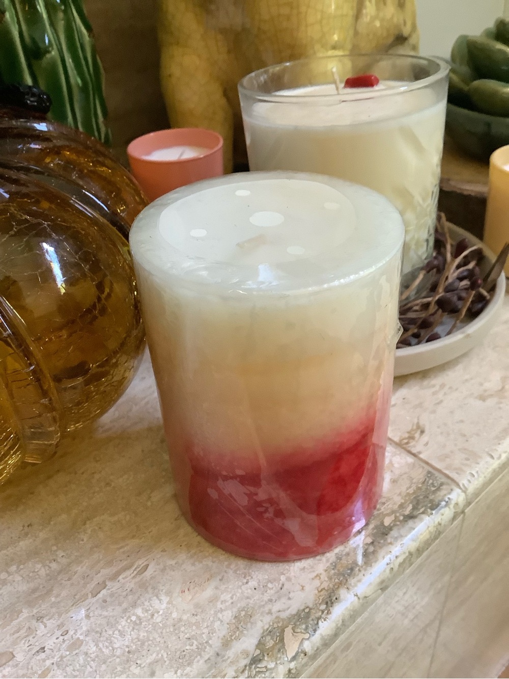Pier 1 Cream and Red Ombre Pillar Candle Island Orchard 3x4